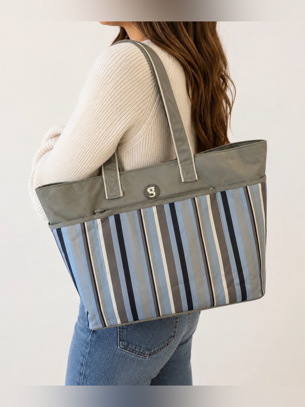 Striped Multi-Use Tote / Baby Bag / Beach Bag – Gray & Blue